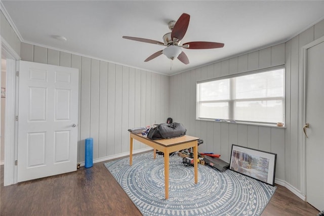 239 Purl Pl, Corpus Christi, TX 78412 - office area featuring wood finished floors, ornamental molding, and a ceiling fan