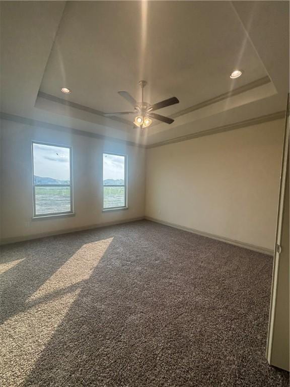 3101 Adak Ct, Corpus Christi, TX 78414 - carpeted empty room featuring a raised ceiling, ceiling fan, baseboards, recessed lighting, and ornamental molding