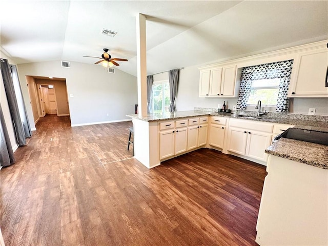 2514 Dwyer Dr, Corpus Christi, TX 78410 - kitchen featuring vaulted ceiling, a peninsula, ceiling fan, dark wood finished floors, and light stone countertops