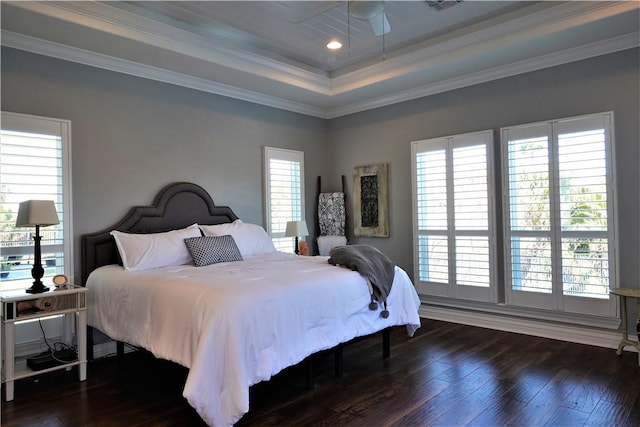 bedroom with recessed lighting, dark wood-style floors, and crown molding