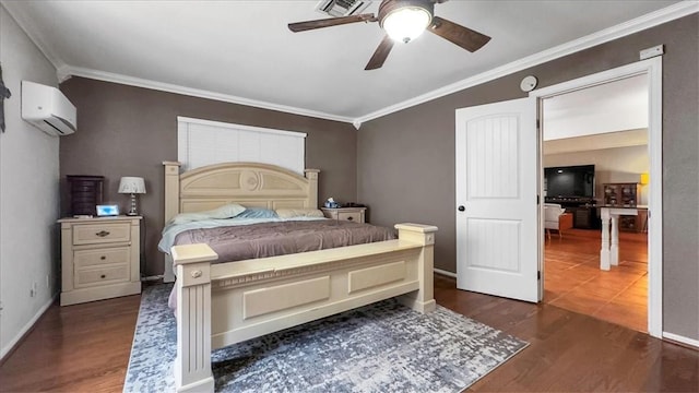 5301 Bromley Dr, Corpus Christi, TX 78413 - bedroom featuring a wall mounted AC, ornamental molding, dark wood finished floors, and a ceiling fan