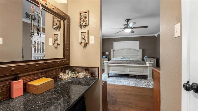 5301 Bromley Dr, Corpus Christi, TX 78413 - bedroom featuring crown molding, wood finished floors, and ceiling fan
