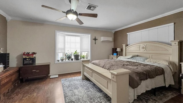 5301 Bromley Dr, Corpus Christi, TX 78413 - bedroom featuring wood finished floors, a wall mounted air conditioner, ornamental molding, and ceiling fan
