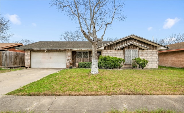 mid-century home with a garage, concrete driveway, brick siding, and a front lawn