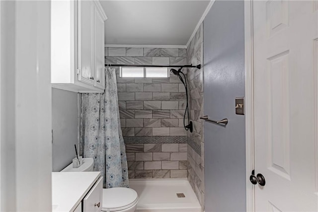 bathroom with a shower stall, toilet, and vanity