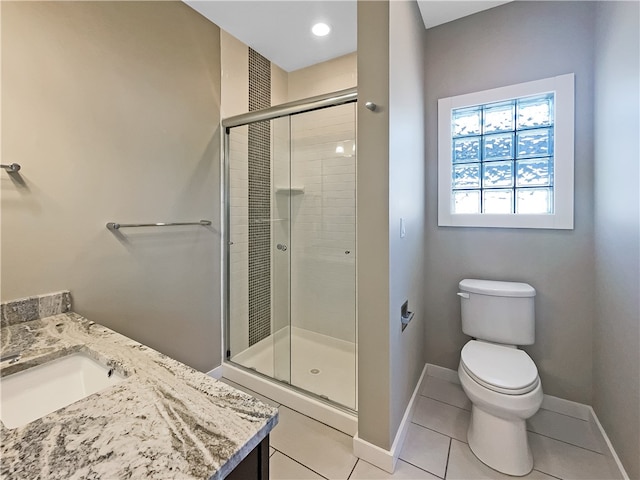 bathroom with tile patterned flooring, vanity, toilet, and a shower with door