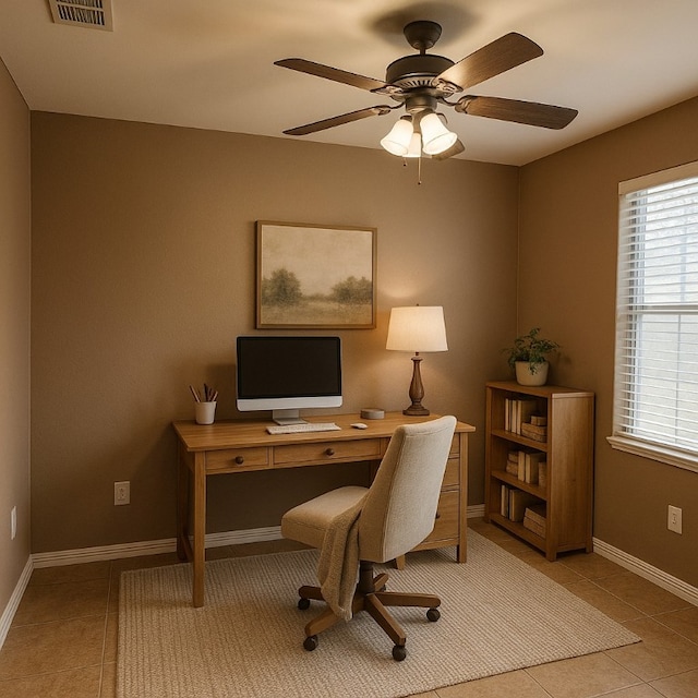 2906 Alice Ln, Kingsville, TX 78363 - office featuring baseboards, visible vents, ceiling fan, and light tile patterned flooring