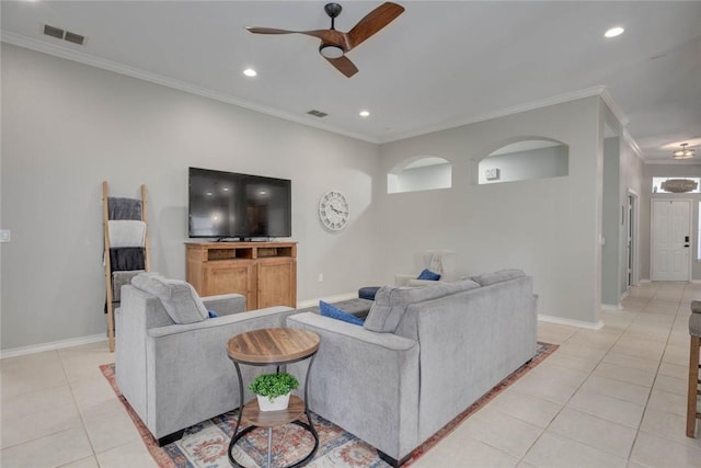 7522 Bell Isle, Corpus Christi, TX 78414 - living room with crown molding, ceiling fan, light tile patterned flooring, baseboards, and recessed lighting