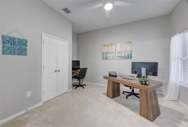 7522 Bell Isle, Corpus Christi, TX 78414 - home office with light carpet, ceiling fan, and baseboards