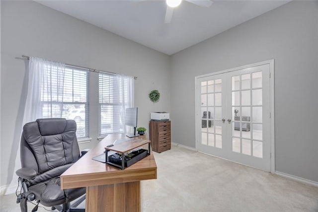 7522 Bell Isle, Corpus Christi, TX 78414 - office area featuring french doors, ceiling fan, baseboards, and light carpet