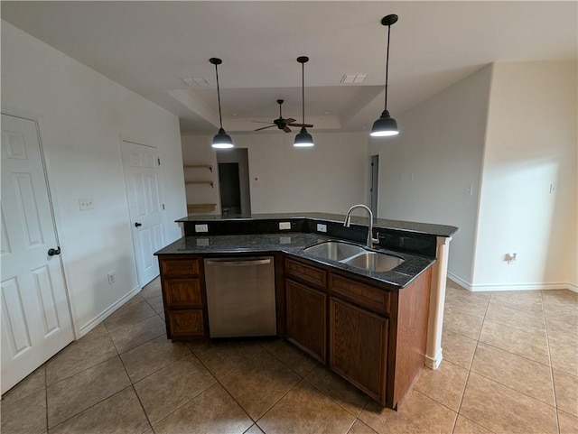 2905 Dante Dr, Corpus Christi, TX 78415 - kitchen featuring stainless steel dishwasher, a tray ceiling, ceiling fan, light tile patterned flooring, and pendant lighting