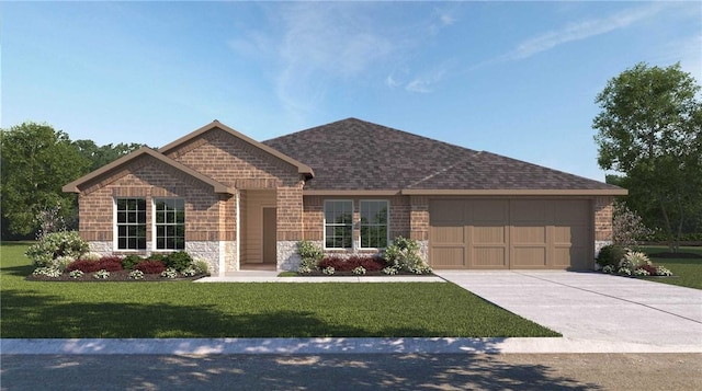 view of front of house with a front yard and a garage