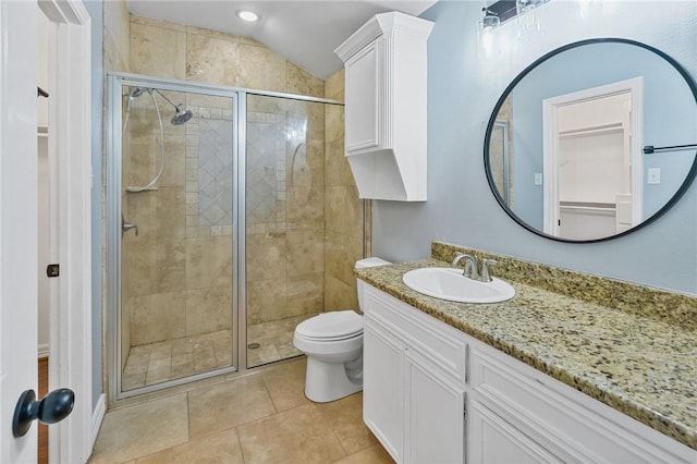 2633 Date Palm Dr, Corpus Christi, TX 78418 - full bath featuring vanity, a shower stall, toilet, tile patterned floors, and lofted ceiling