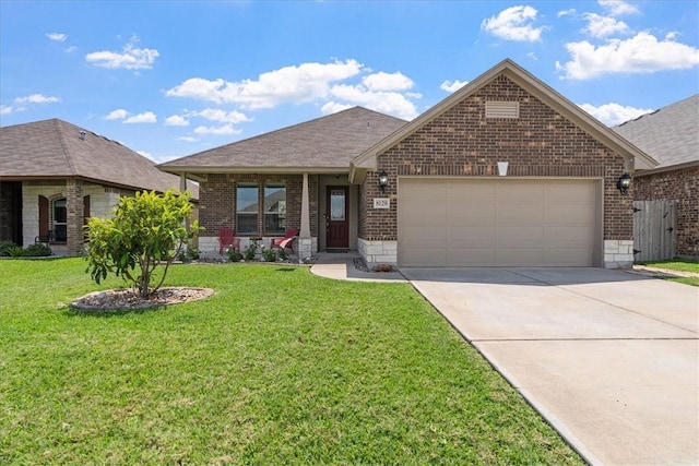8129 Resplandor St, Corpus Christi, TX 78414 - ranch-style house with brick siding, an attached garage, driveway, a front lawn, and a shingled roof
