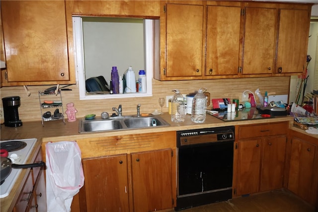 kitchen featuring dishwasher, sink, tasteful backsplash, and white cooktop