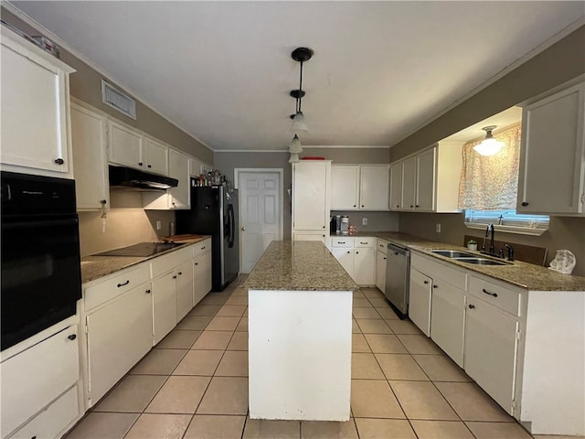 kitchen with black appliances, white cabinetry, light tile patterned floors, sink, and a center island