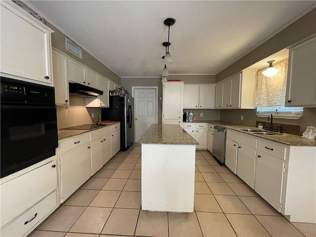 kitchen featuring white cabinets, black appliances, light tile patterned floors, and a kitchen island