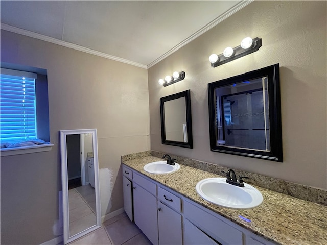 bathroom with vanity, tile patterned floors, and ornamental molding