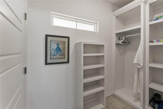 spacious closet with light hardwood / wood-style floors