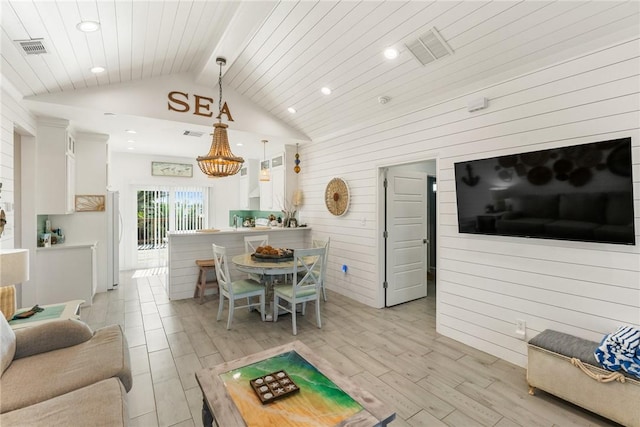 living room with lofted ceiling, wooden ceiling, light hardwood / wood-style floors, and wood walls