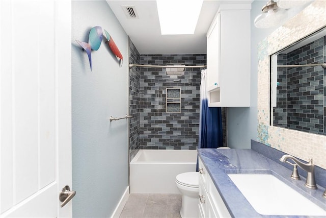 full bathroom featuring visible vents, washtub / shower combination, toilet, tile patterned floors, and vanity