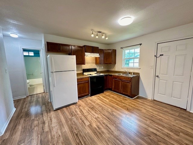 kitchen featuring light wood-type flooring, a textured ceiling, white appliances, and sink