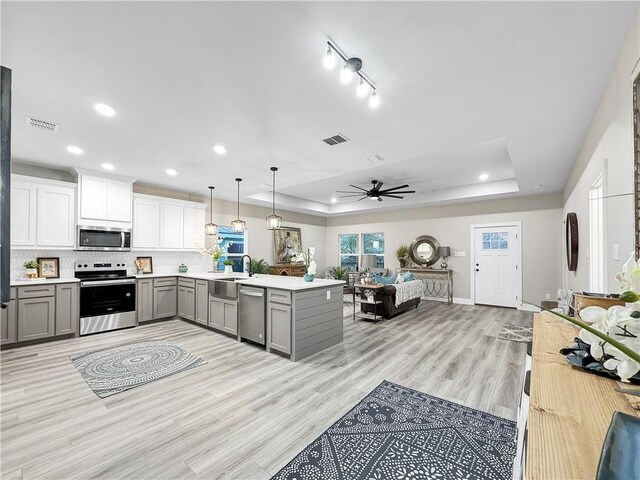 kitchen with appliances with stainless steel finishes, a tray ceiling, kitchen peninsula, and gray cabinets