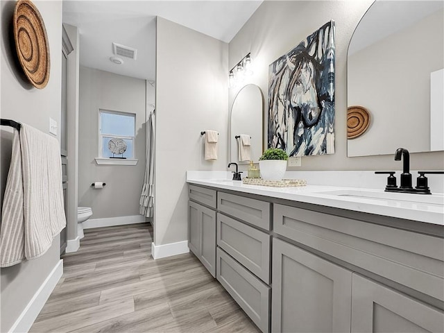 bathroom featuring vanity, wood-type flooring, and toilet