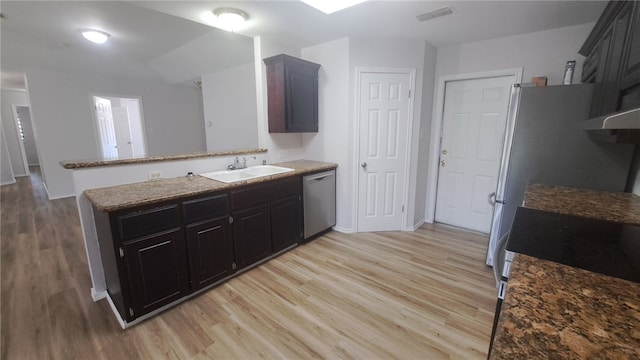5411 Cypress Cir, Kingsville, TX 78363 - kitchen featuring dishwasher, visible vents, a sink, light wood-type flooring, and a peninsula