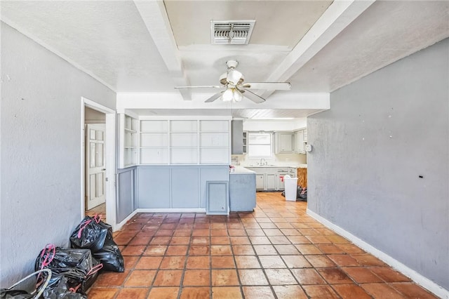 interior space with light countertops, visible vents, a ceiling fan, a sink, and a peninsula