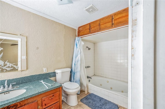 full bathroom with visible vents, a textured wall, toilet, tile patterned flooring, and a textured ceiling