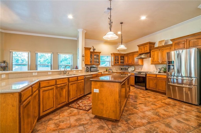 kitchen with pendant lighting, a kitchen island, stainless steel appliances, sink, and ornamental molding