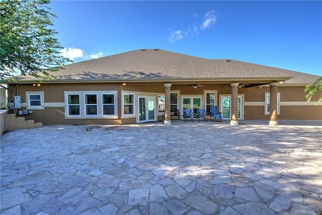 back of property featuring ceiling fan, a patio area, and french doors