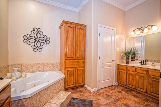 bathroom featuring vanity, crown molding, and a relaxing tiled tub