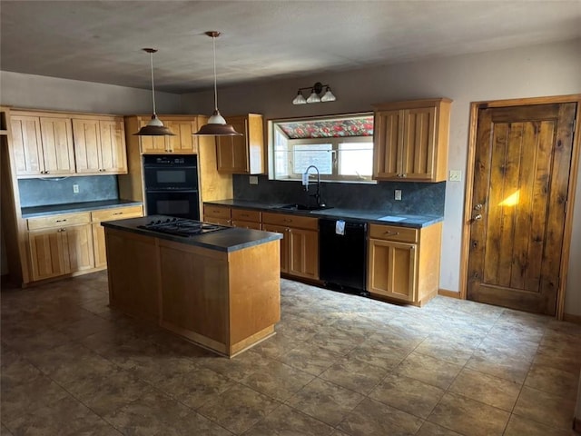 kitchen with sink, a center island, pendant lighting, decorative backsplash, and black appliances