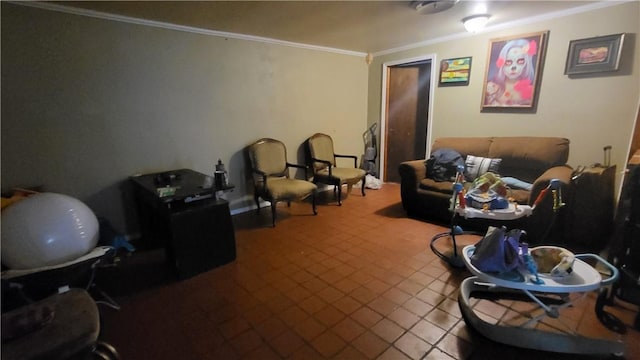 living room featuring tile patterned floors and crown molding