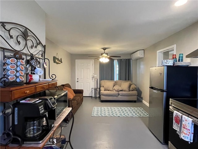 living room with a wall mounted AC, concrete floors, and ceiling fan