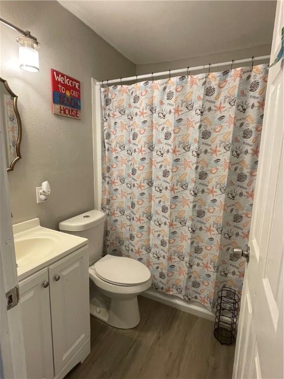 bathroom featuring vanity, hardwood / wood-style flooring, and toilet