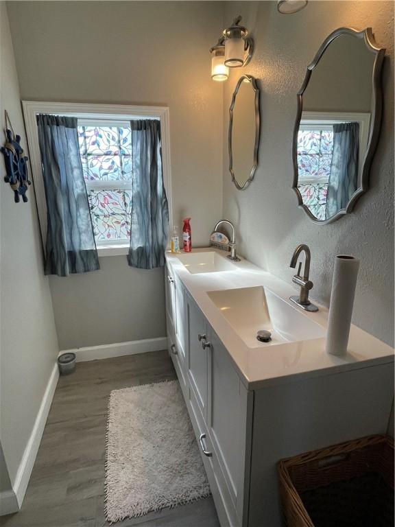 bathroom with hardwood / wood-style flooring and vanity