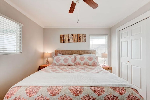 3 Mazatlan Dr, Rockport, TX 78382 - bedroom with a closet, a ceiling fan, and crown molding