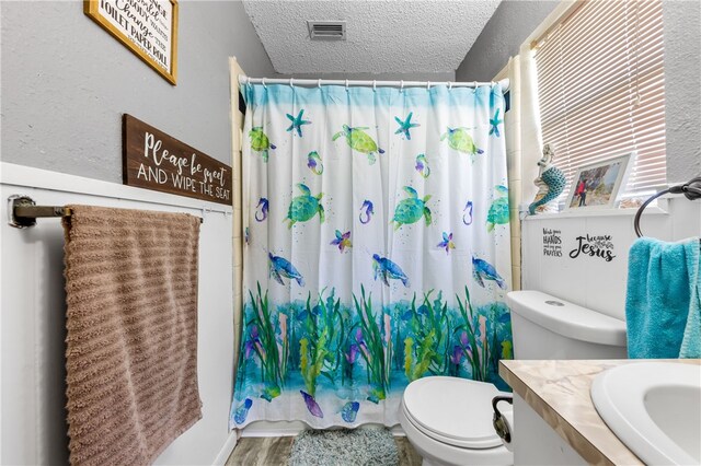 bathroom featuring vanity, a textured ceiling, toilet, and a shower with curtain