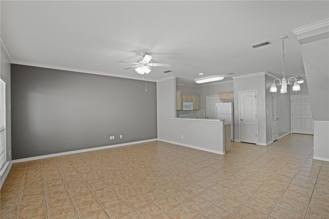 tiled spare room with ornamental molding and ceiling fan with notable chandelier