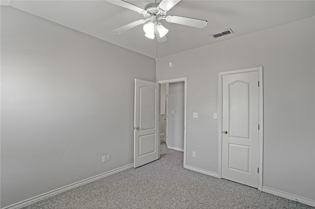 unfurnished bedroom with light carpet and ceiling fan