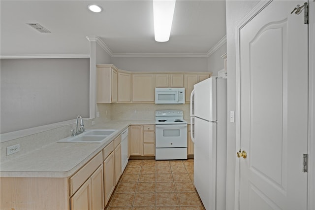 kitchen with light tile patterned flooring, sink, ornamental molding, light brown cabinetry, and white appliances