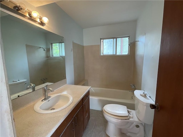 full bathroom featuring shower / bathing tub combination, vanity, toilet, and tile patterned floors