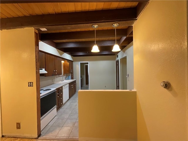 kitchen with wooden ceiling, under cabinet range hood, white appliances, a sink, and beamed ceiling