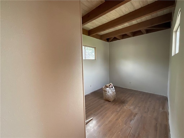 spare room featuring wooden ceiling, beamed ceiling, and wood finished floors