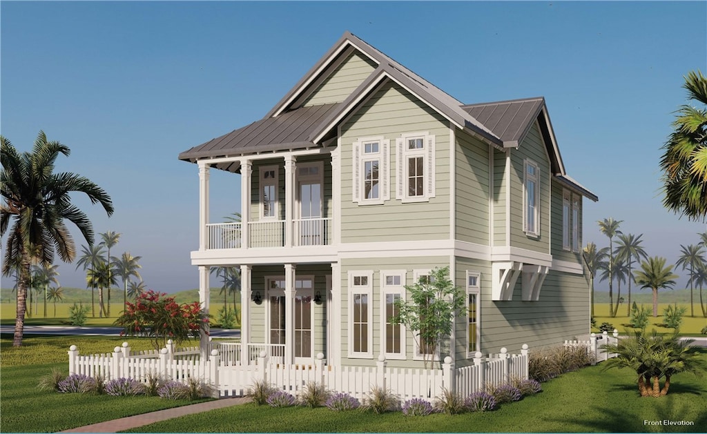 view of front of property featuring a front yard and a balcony