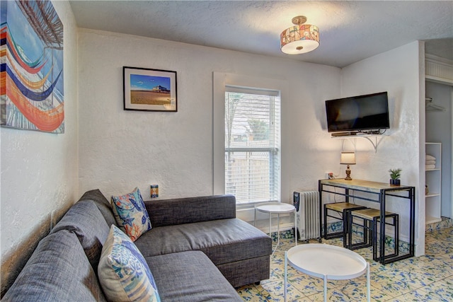 living room with a textured ceiling