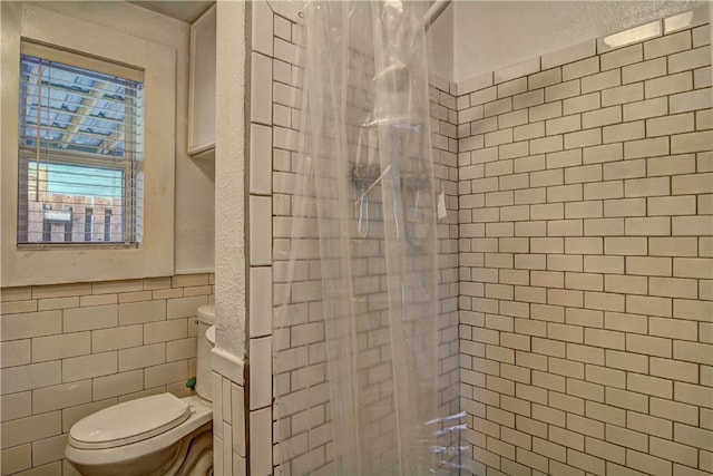 bathroom featuring tile walls, toilet, and tiled shower